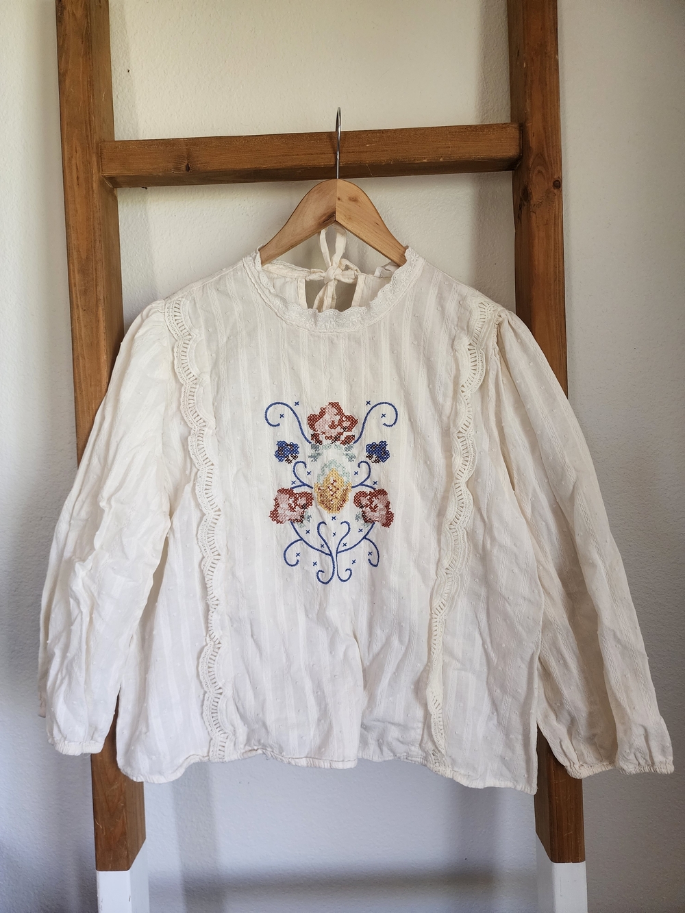 DownEast Cream French Dot Cross Stitch & Lace Detail Blouse - 3/4 Sleeves